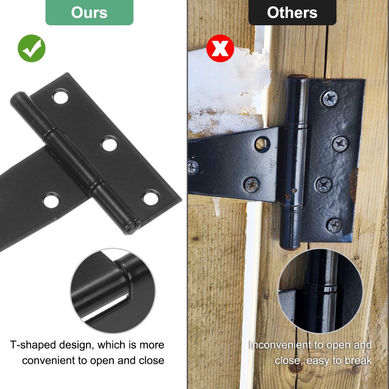 M METERXITY 4-Pack Iron T-Strap Shed Door Hinges, 6 Inch Barn Door Gate Hinges, Tee Hinge Wrought Hardware with Screws for Wooden Fences/Yard/Barn Door [Black] - Image 4